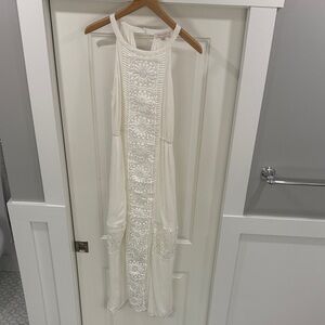 Skies Are Blue Cream Crochet-Panel Halter Maxi Dress